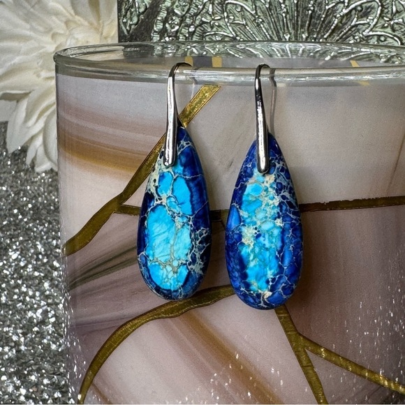 Silver & Blue Natural Imperial Stone Water Drop Tear Drop Earrings Nwt - Picture 3 of 9